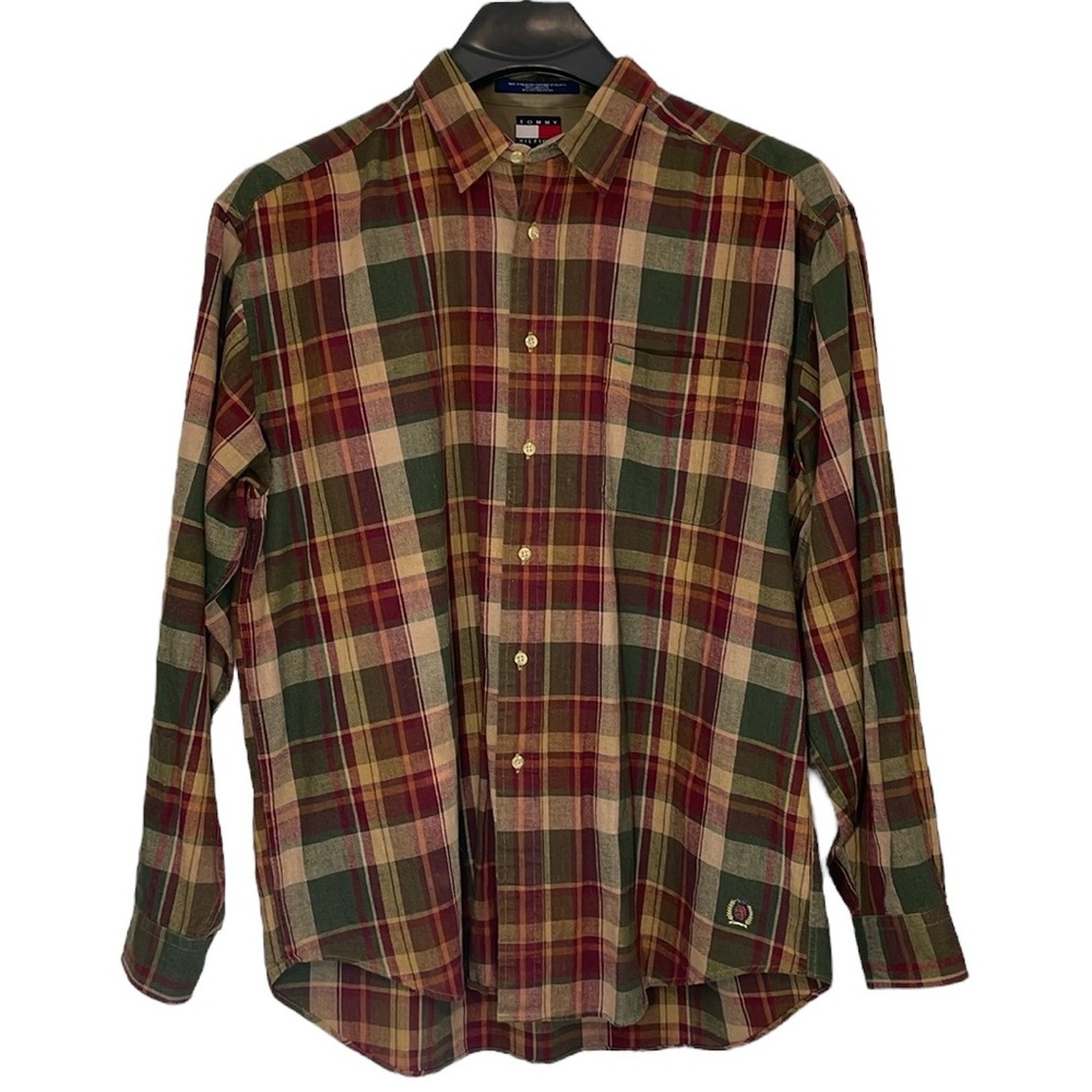 Tommy Hilfiger vintage mens Size XL linen blend maroon, gold & green plaid shirt